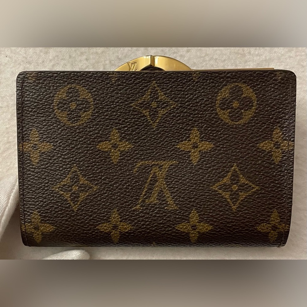 Louis Vuitton Authentic Vintage Monogram Canvas Brown & Gold Kiss Lock Wallet